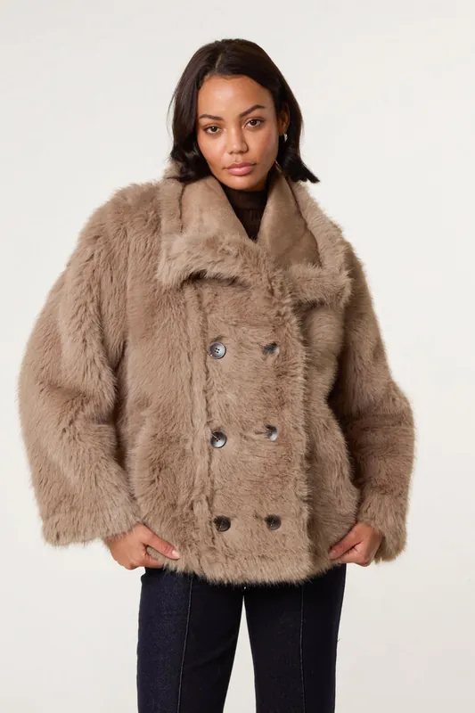 Camel Reversible Short Faux Fur Coat - Blue Vanilla