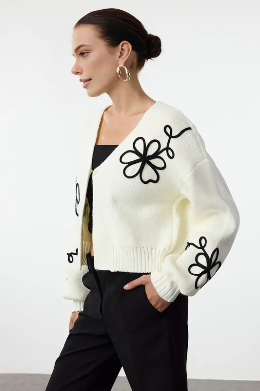 V-Neck Knit Cardigan With Embroidery Detail