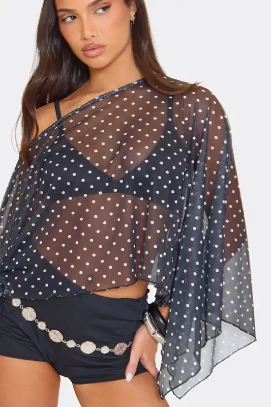 Long Sleeve Off The Shoulder Polka Dot Mesh Top - EGO