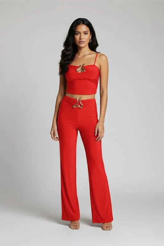Buckle Detail Strappy Top and Wide Leg Trouser Co-ord Set
