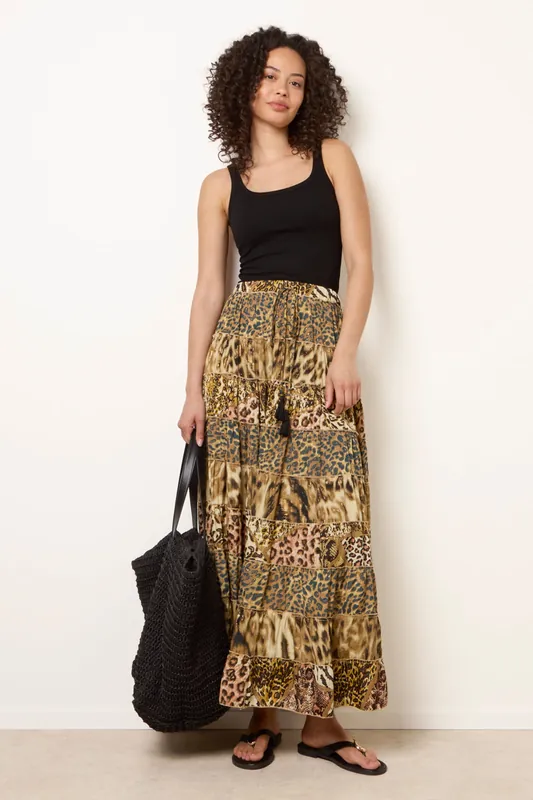 Brown Animal Print Tiered Maxi Skirt - Blue Vanilla
