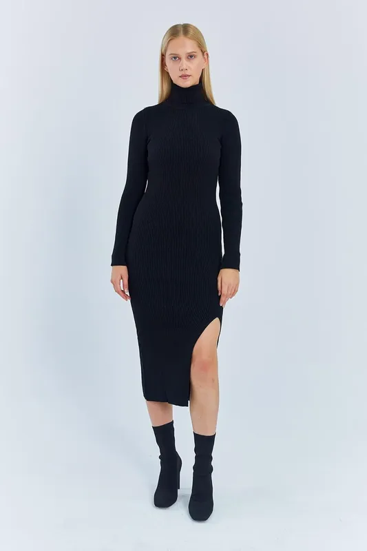 Turtleneck Midi Knit Dress with Slit - MixRay