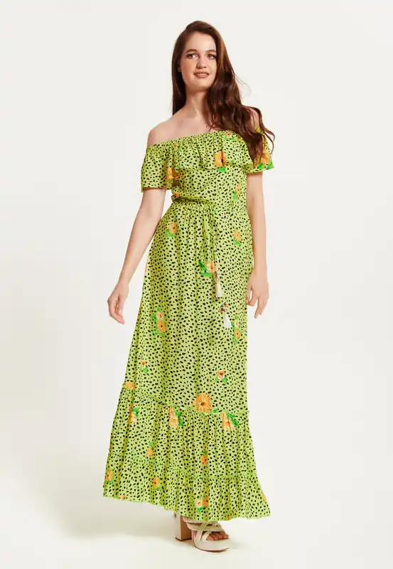 Animal and Floral Print Off Shoulder Maxi Dress in Neon Green - Liquorish