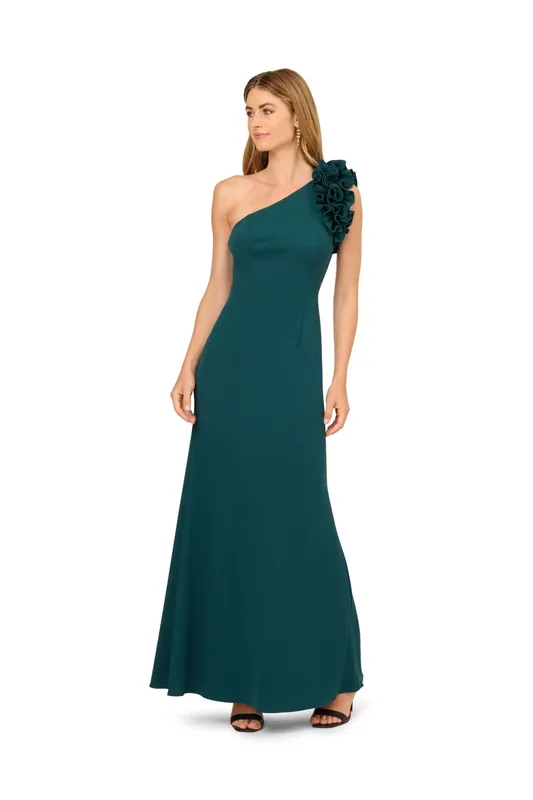 One Shoulder Ruffle Crepe Gown - Adrianna Papell