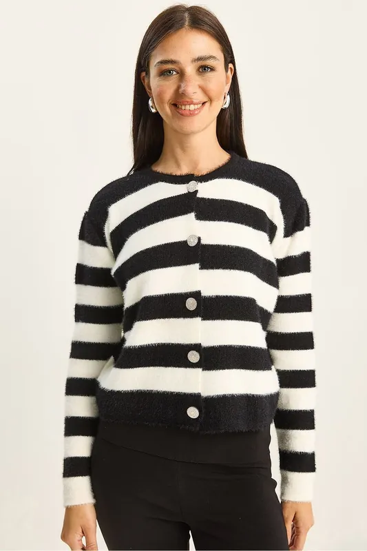 Buttoned Striped Knit Cardigan - Bianco Lucci