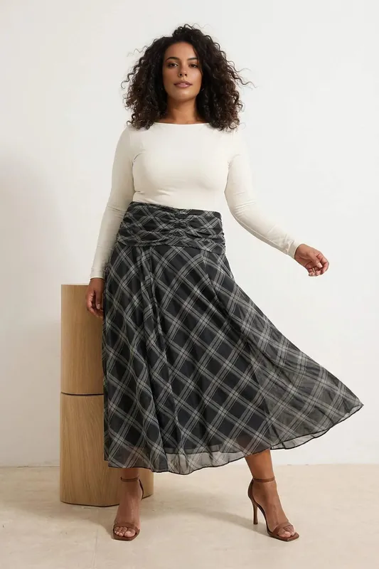 Check Print High Waist Midaxi Skirt with Flowing A-Line Shape