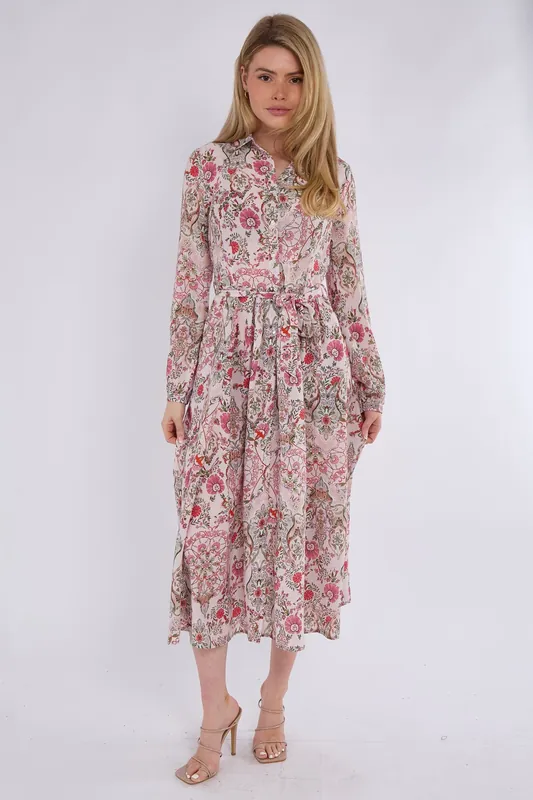 Pink Paisley Floral Print Midaxi Chiffon Shirt Dress - Love Sunshine