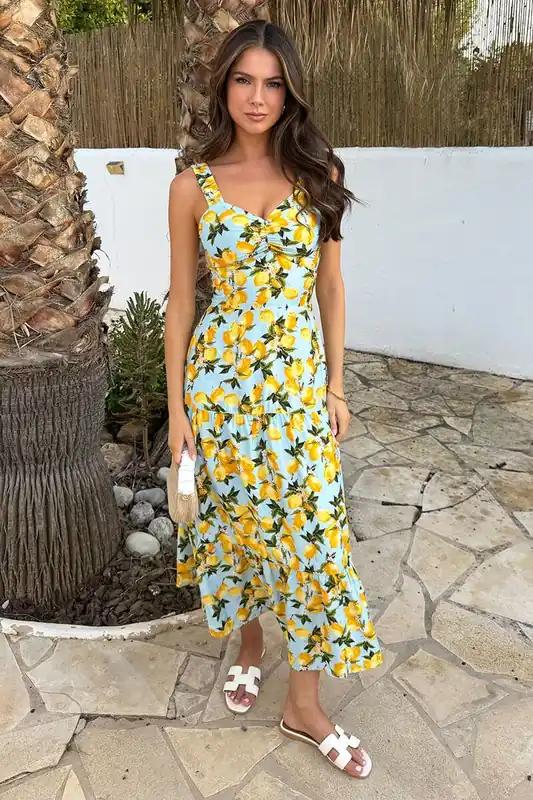 Blue Lemon Print Shirred Straps Tiered Midi Dress - AX Paris