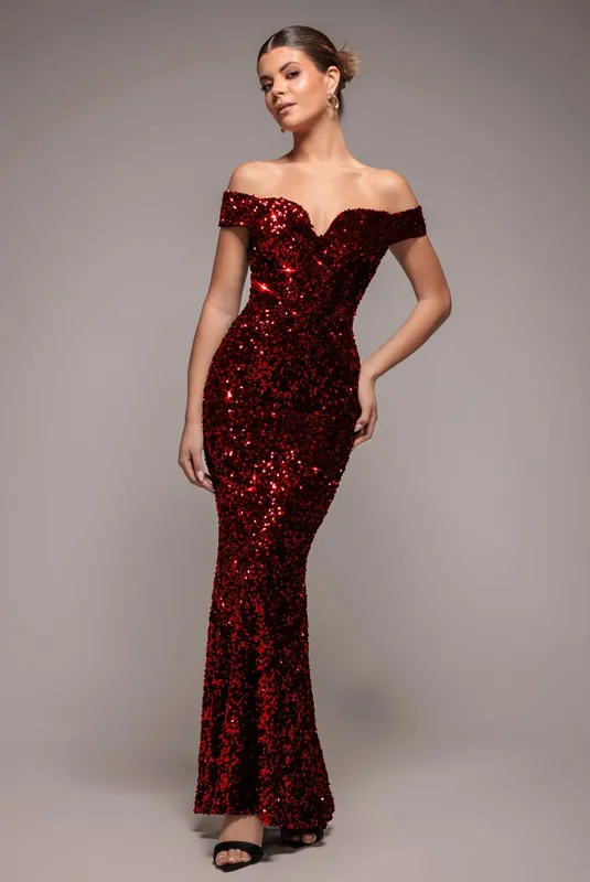 Sequin Velvet Bardot Evening Maxi Dress - Goddiva
