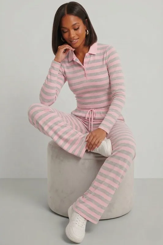 Striped Collar Ribbed Co-ord Sweatshirt and Wide Leg Trouser Set