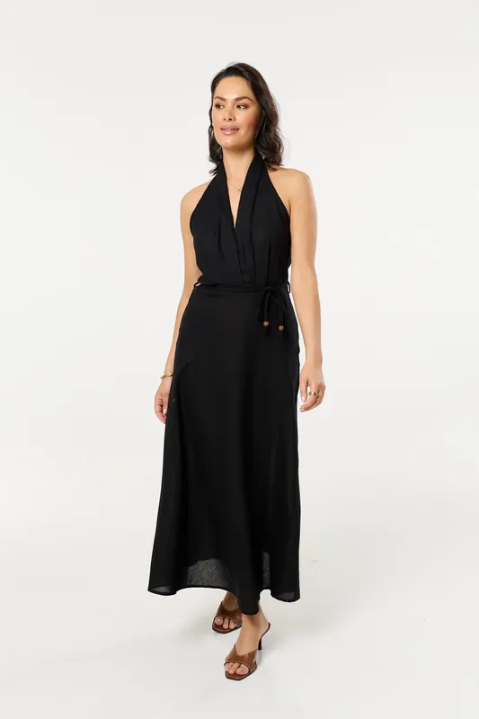 Black Linen Blend Halter Neck Tie Waist Maxi Dress - Liquorish