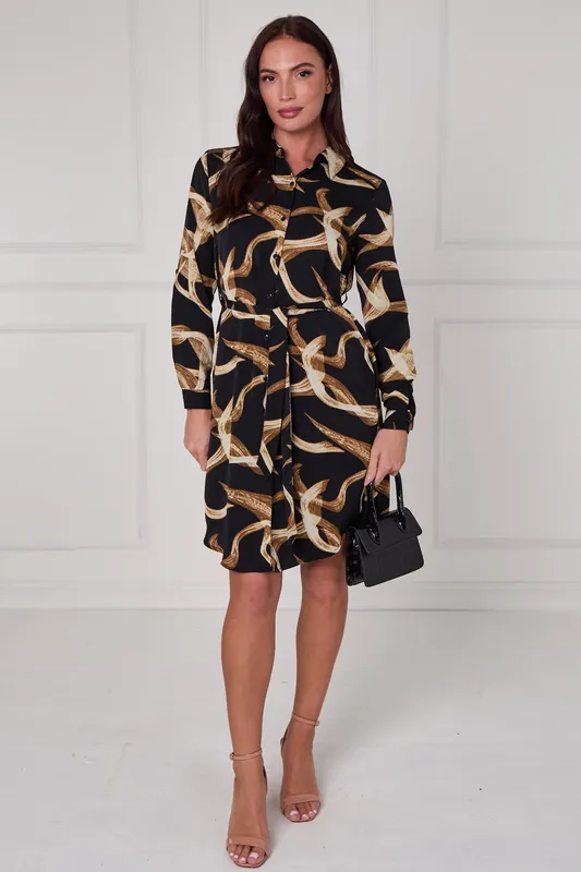Black and Gold Abstract Swirl Print Mini Shirt Dress - Love Sunshine