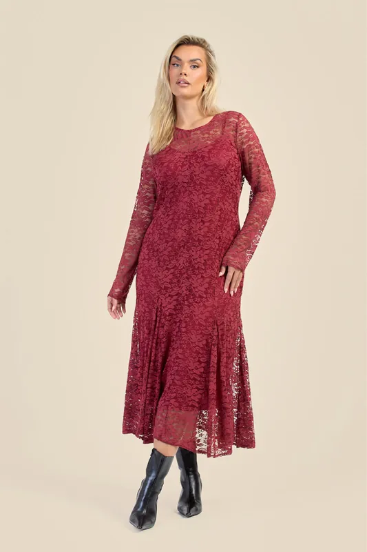 Curve Long Sleeve Lace Godet Hem Midaxi Dress - FASHION-SZN