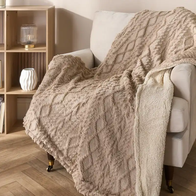 Cable Knit Ultra Soft Sherpa Fleece Throw Reversible Bed Blanket - OHS