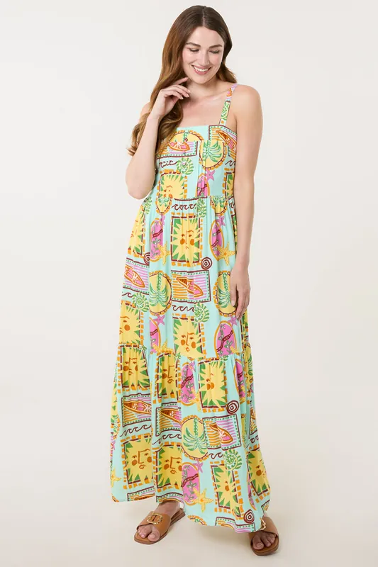 Multi Tropical Print Strappy Maxi Dress - Blue Vanilla