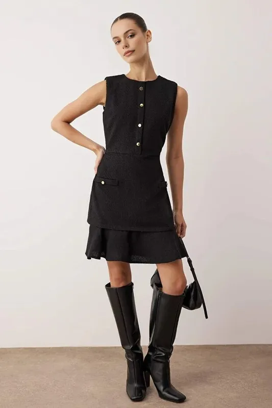 Button Front Mini Tweed Woven Dress with Pocket Detail - WOVCOR