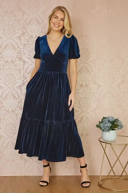 Navy Velvet Midi Dress - Yumi