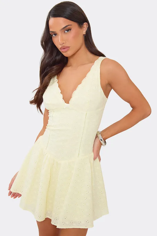 Sleeveless Frill Trim Broderie Mini Dress - EGO