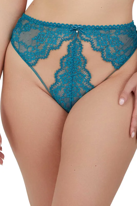 Phoebe Teal Eyelash Lace 'High Waist Thong' - Playful Promises