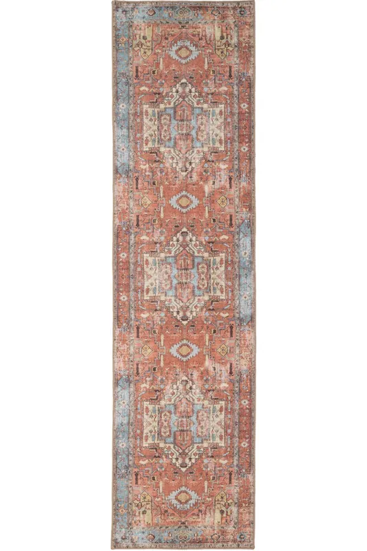 Terracotta Distressed Hallway Runner Rug Non Slip & Washable - Kukoon