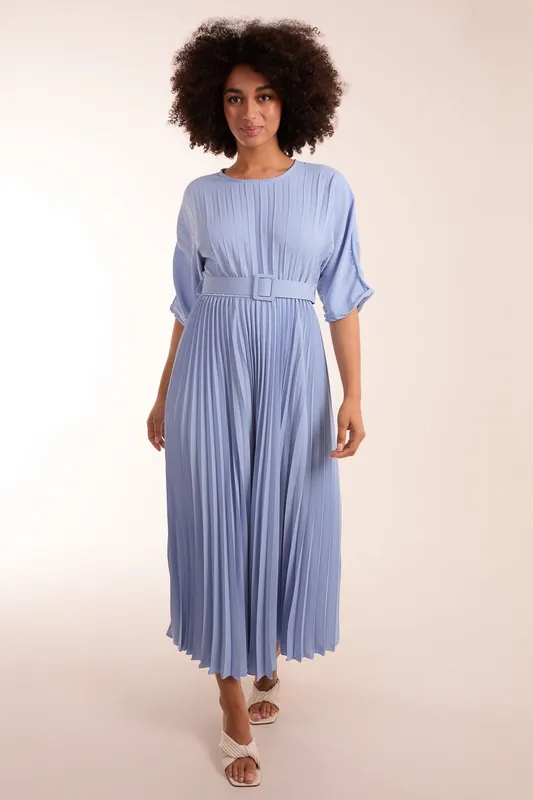 Pleated Dress With Belt - Blue Vanilla