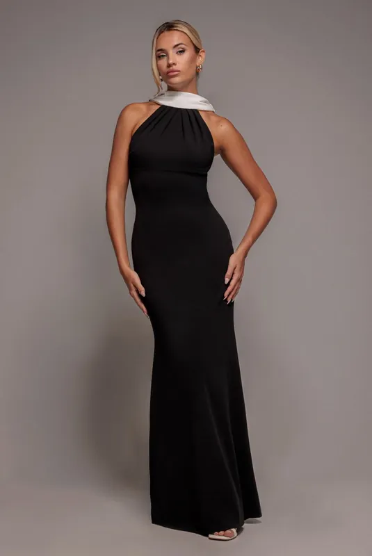 Contrast Crepe Halterneck Maxi Dress With Sash - Goddiva