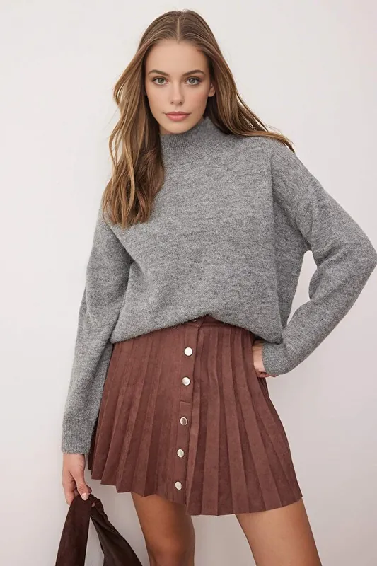 Pleated A-Line Mini Skirt with Button Detail