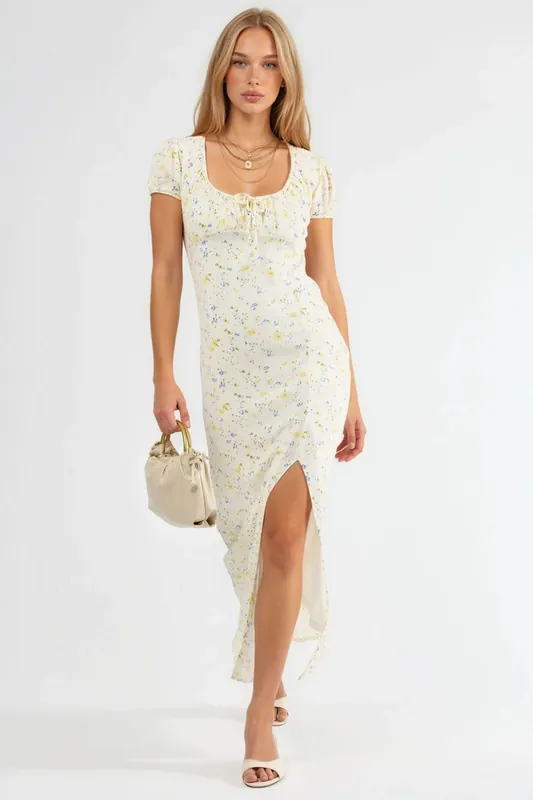 Floral U Collar Midi Dress with Tie Detail - Busem
