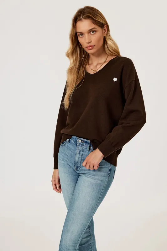 Heart Embroidered Knit Jumper Top In Brown - FS Collection