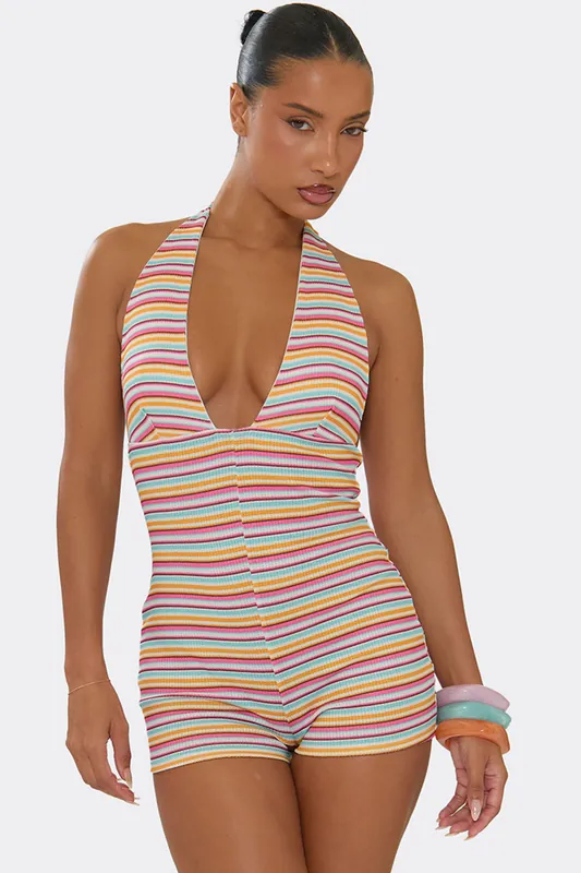 Sleeveless Halter Neck Striped Playsuit - EGO