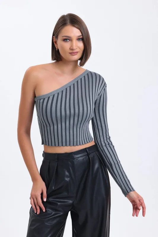 Striped One Shoulder Knitted Ribbed Cropped Blouse - Hiccup