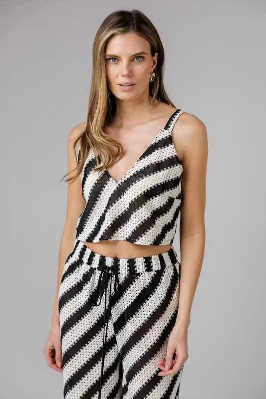 Cotton Blend Stripe Crochet V-Neck Strappy Vest