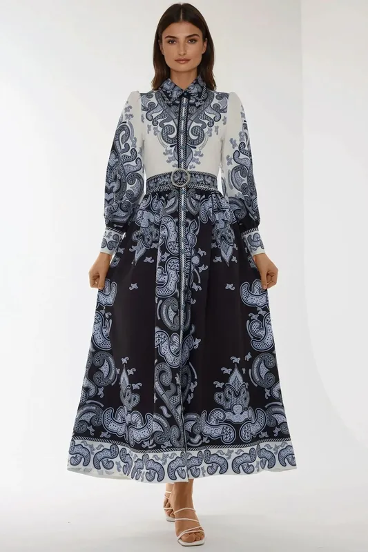 Printed Long Sleeve Maxi Dress with Belt - Hiccup