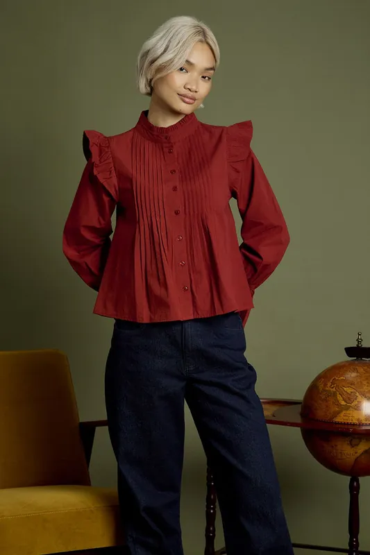 Cotton High Ruffle Neck Pintuck Blouse - Neon Rose