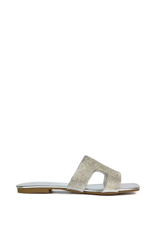 Jamie' Diamante Flat Slip On Sparkly Slider Sandals - XY London