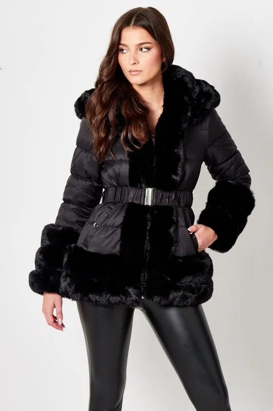 Black Belted Padded Faux Fur Detail Hooded Coat - Femme Luxe