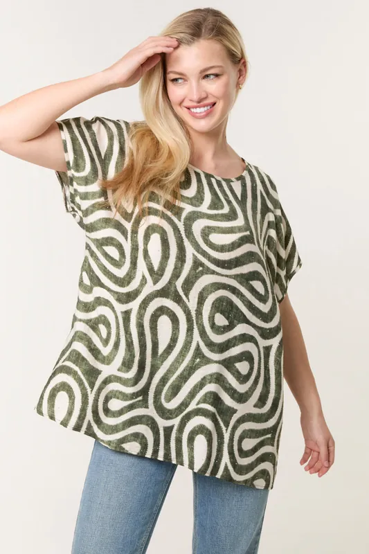 Khaki Round Neck Top With Abstract Print - Blue Vanilla