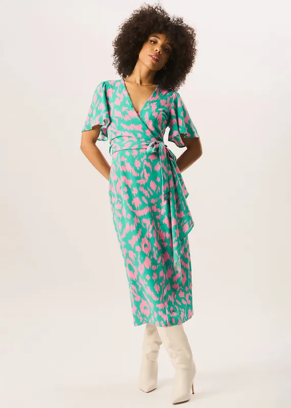 Green Abstract Print Belted Wrap Dress - Gini London