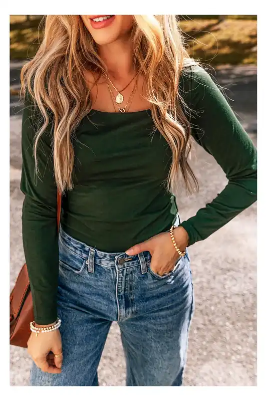 Blackish Green Solid Color Square Neck Long Sleeve Slim Fit Bodysuit - Everyday The Label