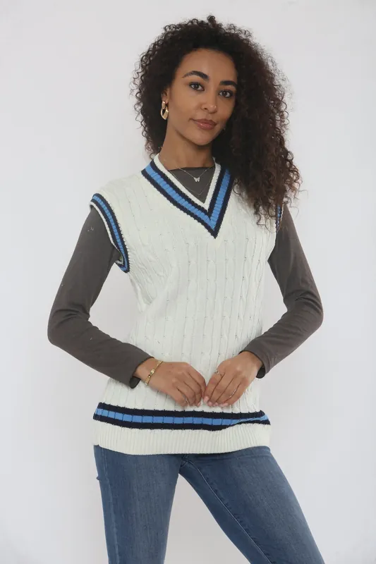 Cable Knit V Neck With Stripe Jumper - Femme Luxe