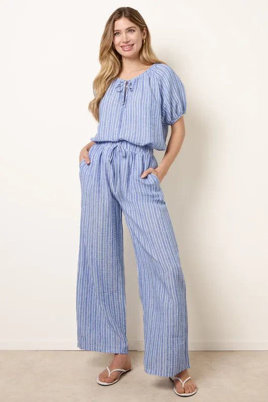 Blue Tie Waist Stripe Wide Leg Trousers - Blue Vanilla