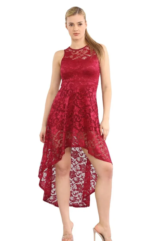 Red Floral Lace Asymmetrical Hem Party Dress - AVINCI