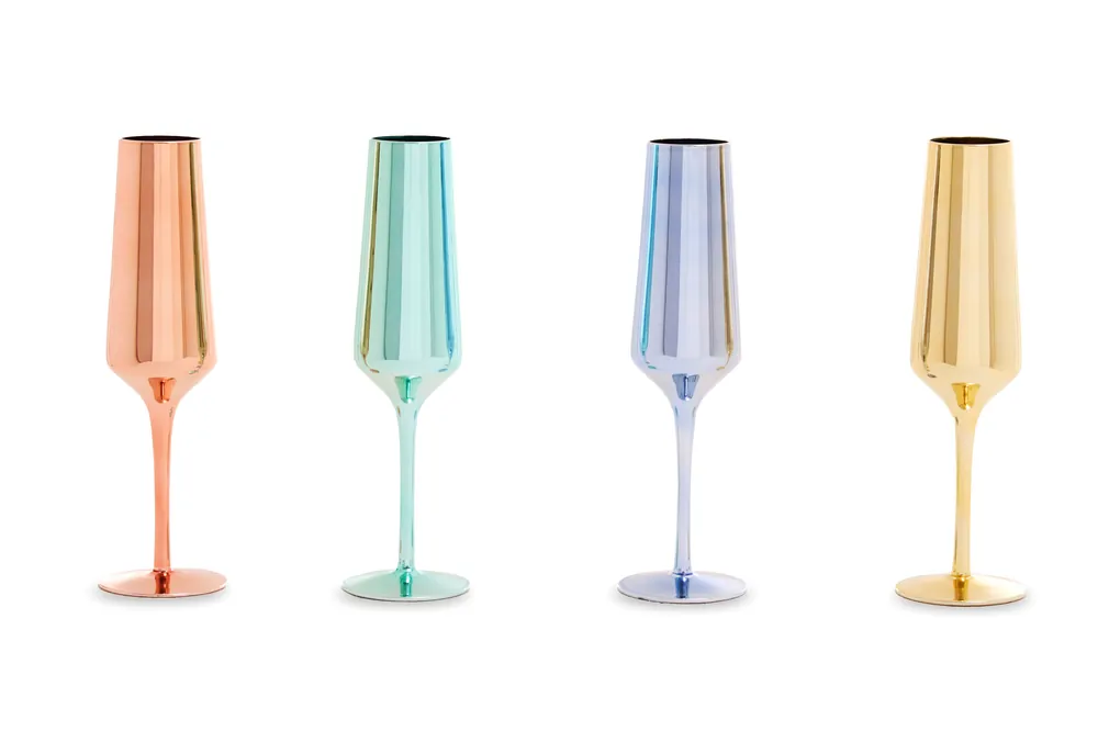 Set of Four Glass Champagne Flutes In Assorted Colours, Tapered Crystal Champagne Glasses With Sleek Stems - Orsina