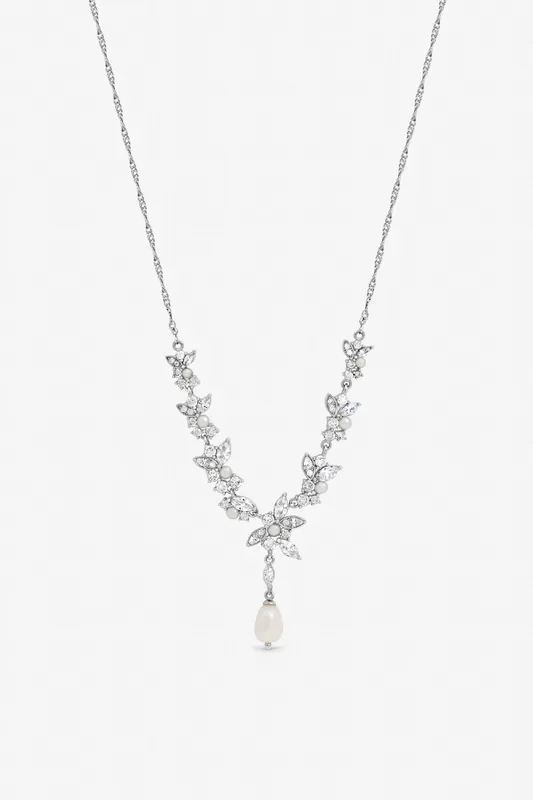 Rhodium Plated Crystal and Freshweater Pearl Y-Drop Necklace