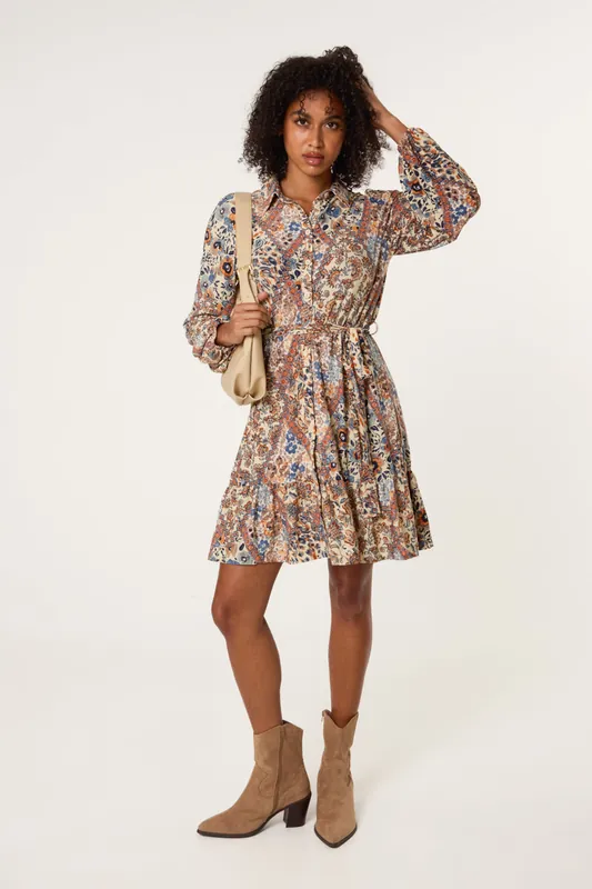 Beige Belted Mini Shirt Dress - Blue Vanilla