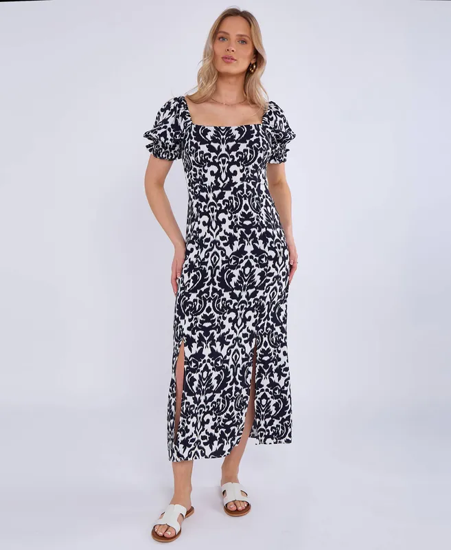 Navy Puff Sleeves Split Viscose Midi Dress - Gini London