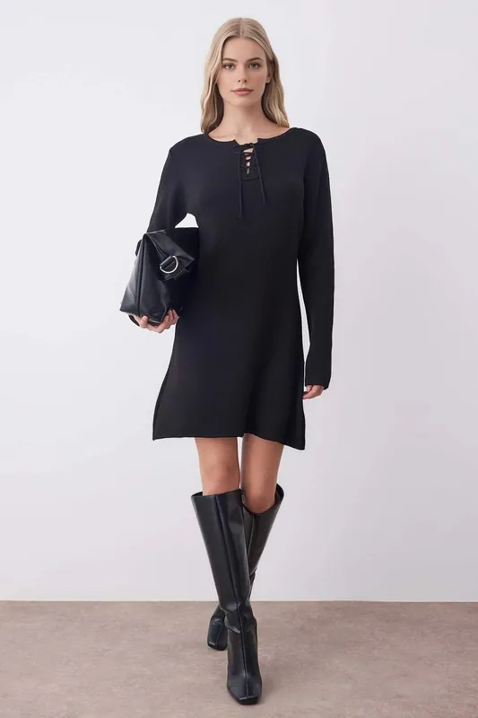 A-Line Mini Knit Dress with Tie Front Detail