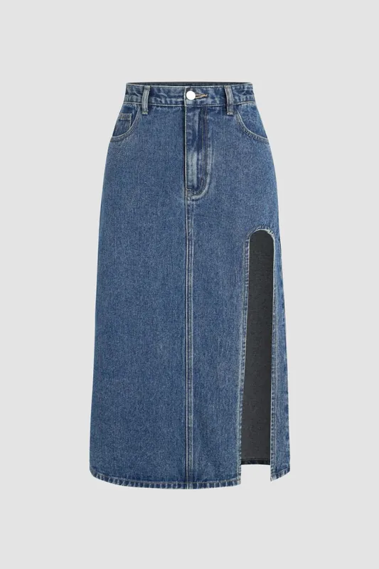 Denim Midi Skirt with Slit - Hiccup