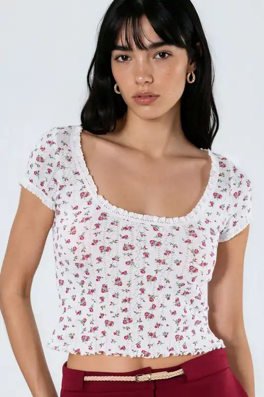 Floral U Collar Frilly Blouse - Busem