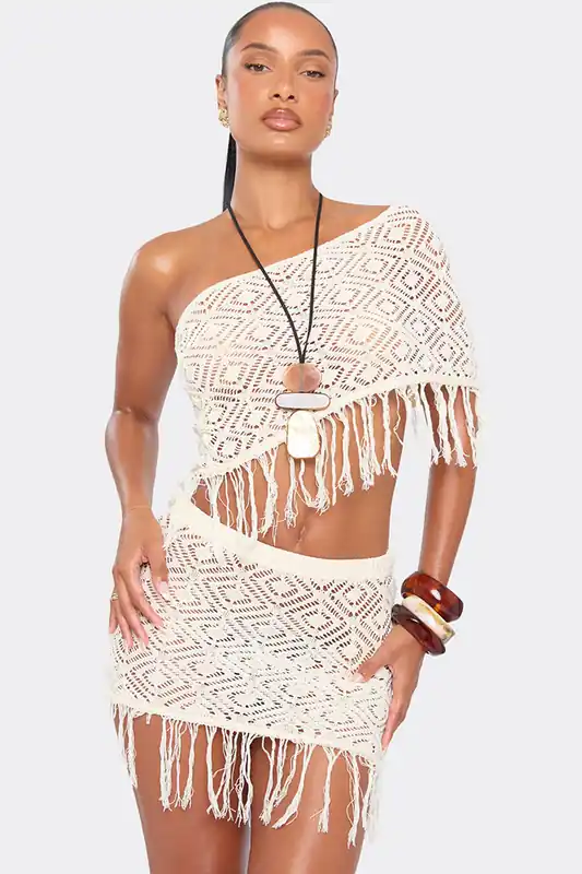 Strappy Off The Shoulder Tasseled Crochet Top - EGO
